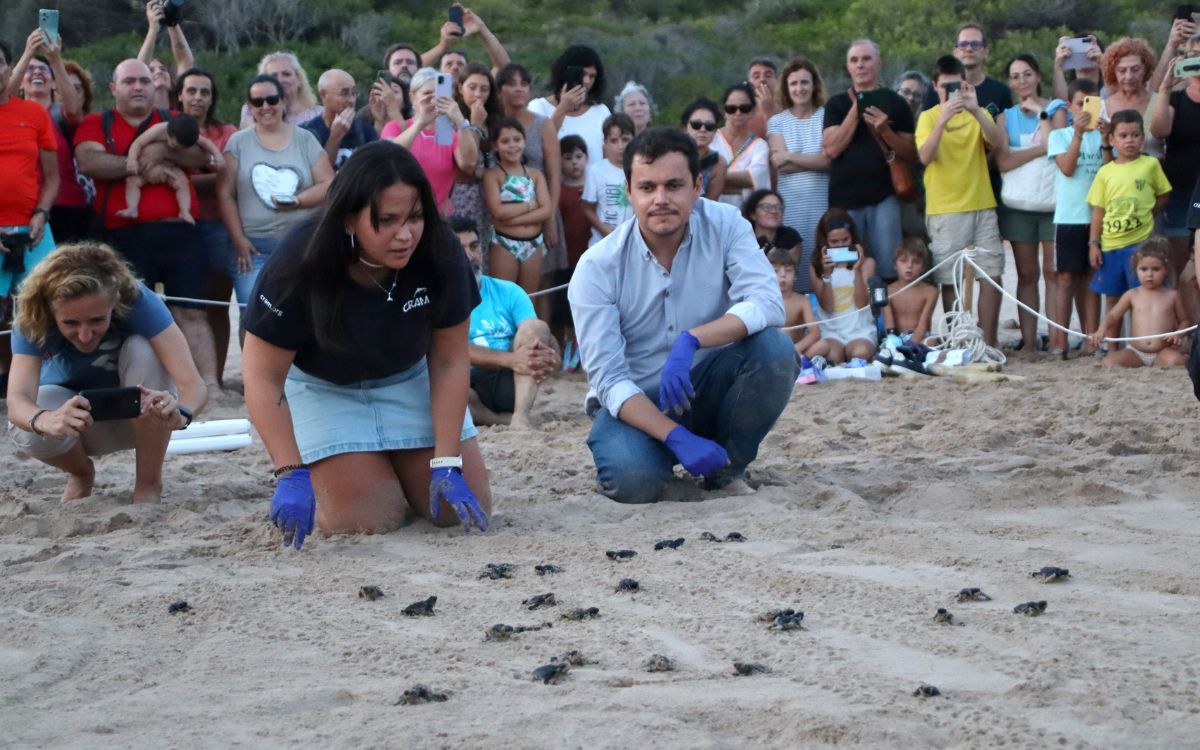 L'oceanògrafa del CRAM, Sílvia Giralt, i el conseller de Medi Ambient de Tarragona, Guillermo García, les han alliberat