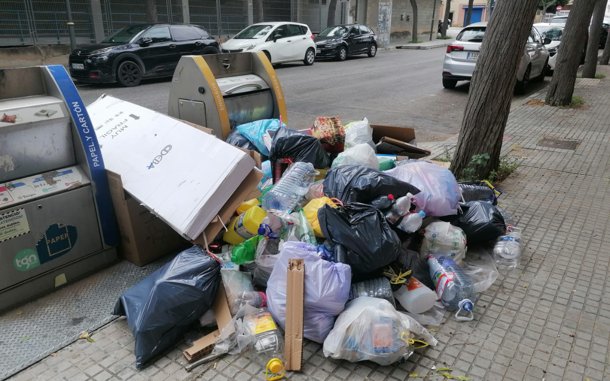 Brossa acumulada davant una illa de contenidors al barri de la Granja.